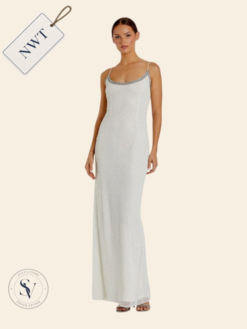 NWT Mac Duggal White Beaded Encrusted Rhinestone Spaghetti Strap Column Gown 8